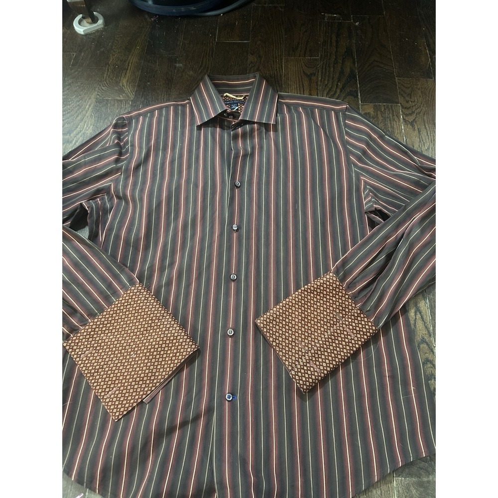 Banana Republic Shirt Mens L Brown Red Striped Flip Cuff Button Up Work Office